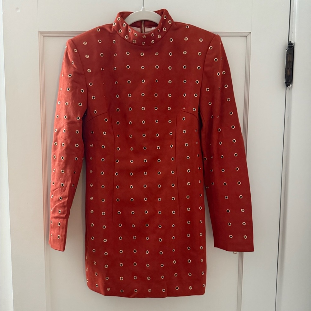 Elegant Red Midi Dress with Eyelet Details